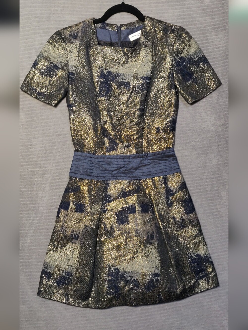 Carolina Herrera Navy and Gold Drop Waist Dress